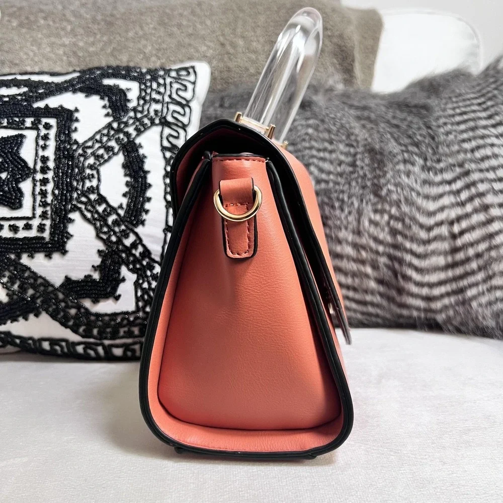 Acrylic Handle Coral Satchel Bag Structured Top‎ Handle Crossbody Purse Chic